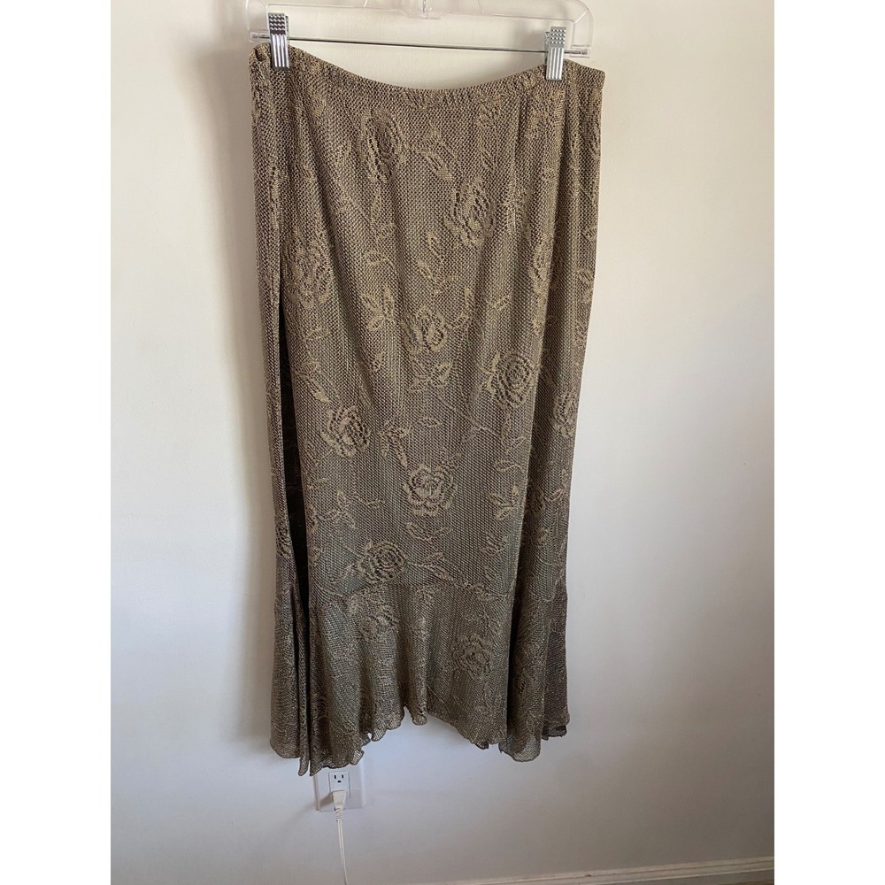 Spencer Alexis Gold Metallic Floral Mesh Maxi Skirt XL Made in USA